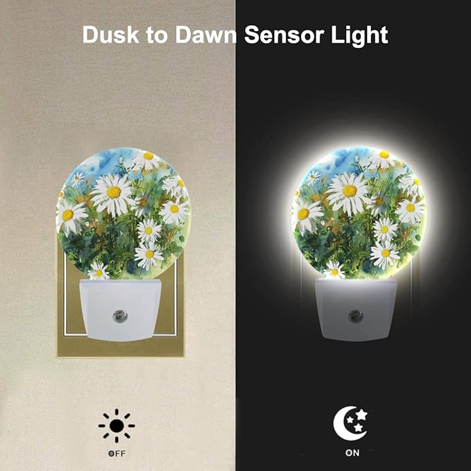 EKOBLA White Daisies Night Light Spring Garden Flower Daisy Night Lights Plug into Wall for Men Women Girls Boys, Dusk to Dawn Nightlight 0.5W Sleep Friendly