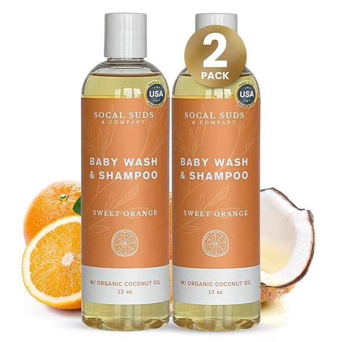 SoCal Suds & Company Baby Shampoo & Body Wash, 2-in-1 Organic Gel-Gentle Castile Soap with Vitamin-Infused Oils & Botanicals - Natural Care for Sensitive Skin Hypoallergenic - 12oz Sweet Orange 2-Pack