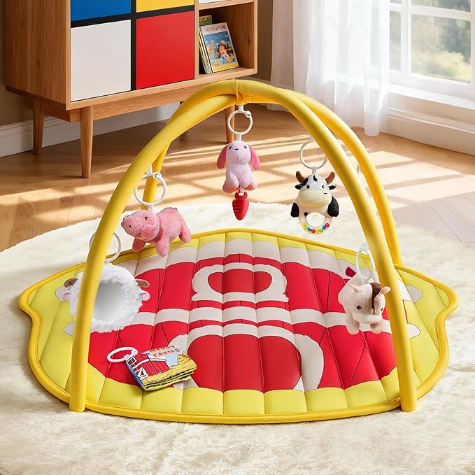 IPOZITO Baby Play Mat with Hanging Rattles, Baby Activity Mat for Sensory Development, Baby Tummy Time Play Mat to Improve Motor Skills and Visual Tracking