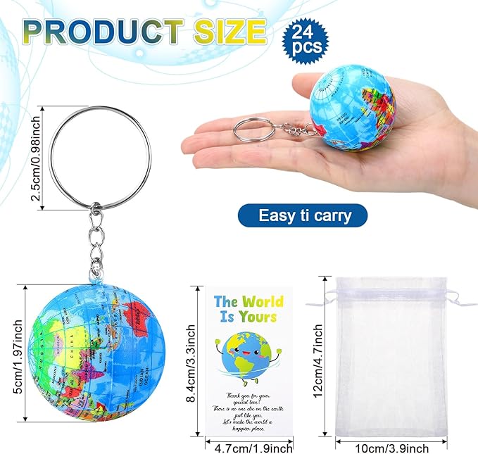 Quelay 24 Pack Earth Day Globe Keychains for Kids, Planet Earth Keyrings Toy Includes Globe Stress Balls Cards Organza Bags, School Party Favor