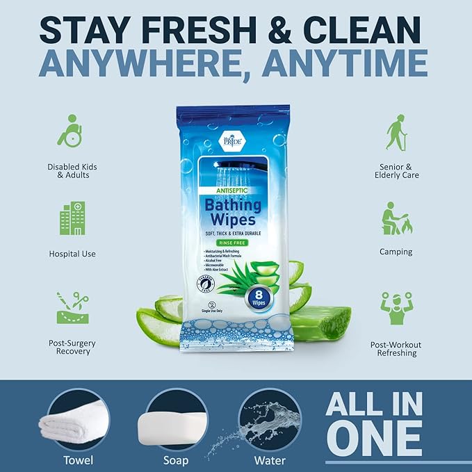 MED PRIDE Hospital Wipes for Bathing, Waterless No-Rinse Bath Wipes for Adults, Microwavable Soft Thick, 12 Packs (96 Count), Aloe Vera