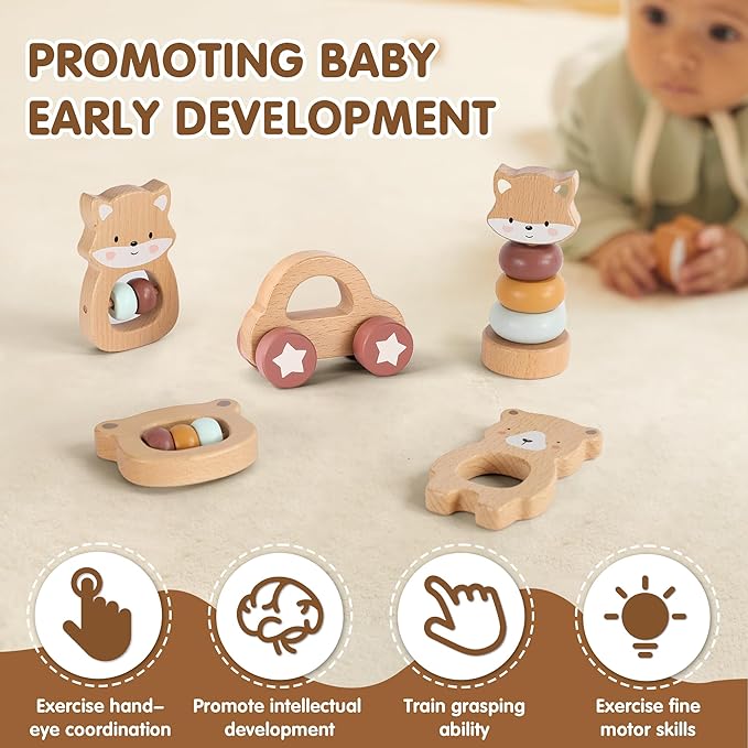 Freniland Wooden Montessori Toys, 5-Piece Wooden Baby Toys, Bear Wooden Baby Rattle, Fox Stacking Ring,Wooden Car Push and Pull Toys, Bear Grasping Toys,Newborn Baby Gift Sets for Boys and Girls