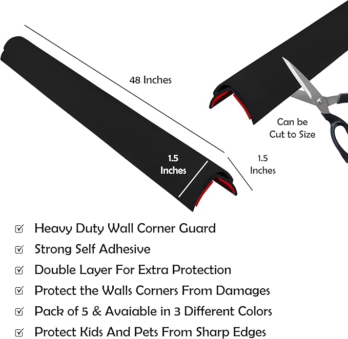 Rubber Bond Wall Corner Guard Edge Protector, 48 inch Heavy Duty Baby Proofing Corner Guards | Self-Adhesive Furniture Edge Strips for Home & Office (5, Black)
