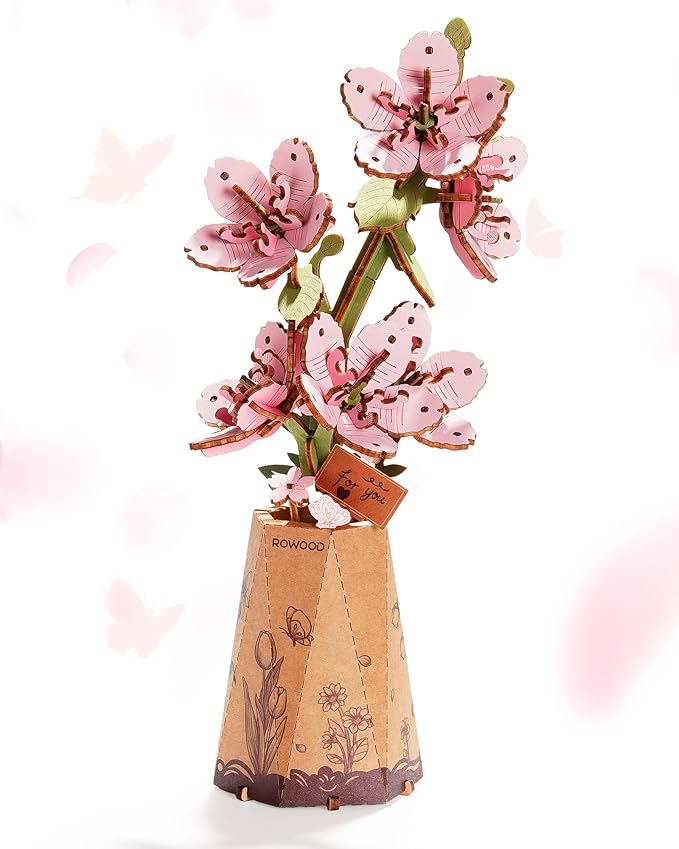 3D Flower Wooden Puzzles for Adults-Sakura, DIY Wooden Flowers Model Kit Building Set Crafts for Adults to Build, Botanical Collection/Ideal Creative Gift Ideas/Housewarming (113PCS)