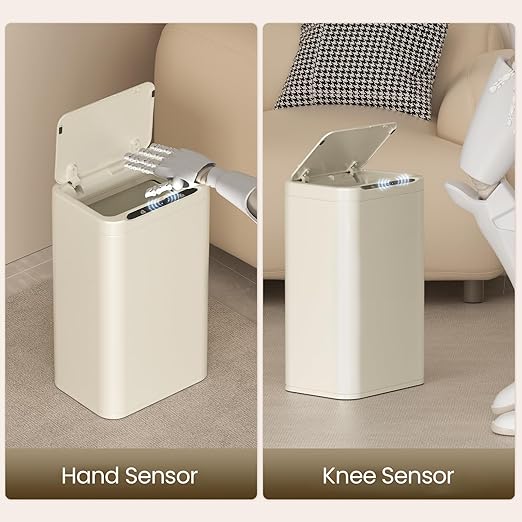 ELPHECO Stainless Steel Office Trash Can 6.6 Gallon Motion Sensor Garbage Bin Rectangular Automatic Touch Free Waste Bin for Hotel and Living Room(Cream Beige), 2AA