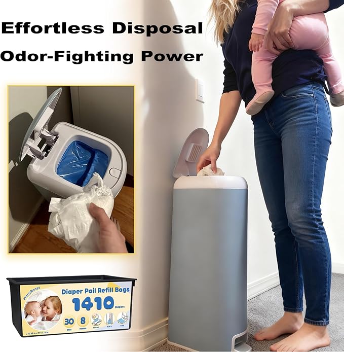 Diaper Pail Refills Bags Compatible with Genie Easy Roll Signature & Platinum Diaper Pails | Holds Up to 1410 Newborn Diapers Per Refill — Unscented, Odor Locking, 2Pack(60 Bags)