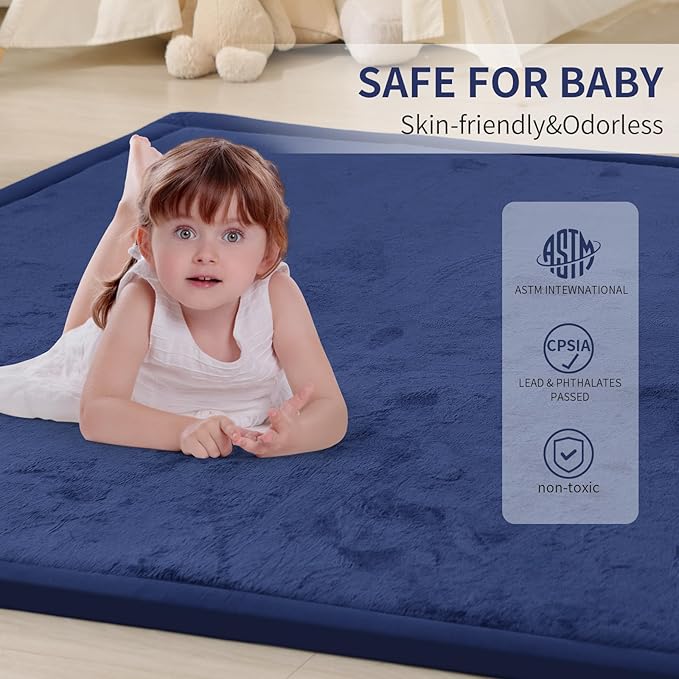 ACOMOPACK Baby Play Mat for Floor 1.3" Thick Memory Foam Play Mat 79"×118" Tummy Time Crawling with Non-Slip Bottom for Living Room,Nursery,Soft Velvet Playpen Mats for Kids,Infants（Royal Blue）