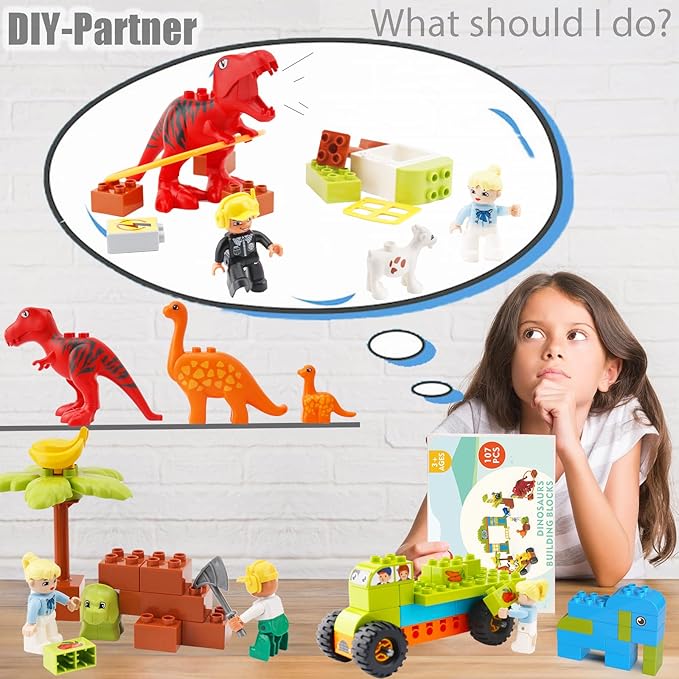 Building Blocks for Toddlers 3-5, Dinosaur Toys- Dinosaurs, Car, Build, Learn and Play, Educational Interactive Creative DIY Toy Compatible with All Major Brands, Gift for Kids Boys Girls