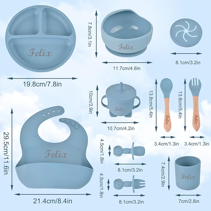 Personalized Silicone Baby Feeding Set with Name, Customized Baby Led Weaning Supplies Self Feeding Eating Utensils with Spoon, Fork, Silicone Suction Bowls, Cup, Plate Smoky Gray