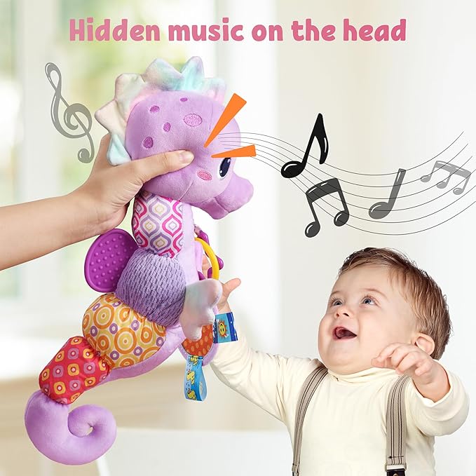 LIGHTDESIRE Baby Toys Musical Seahorse Stuffed Animals Infant Toys 0-6-12 Months with Mirror|Rattles|Crinkle|Baby Teething Toys,Sensory Toys for Tummy Time Newborn Boys Girls Gifts(Lavender Purple)