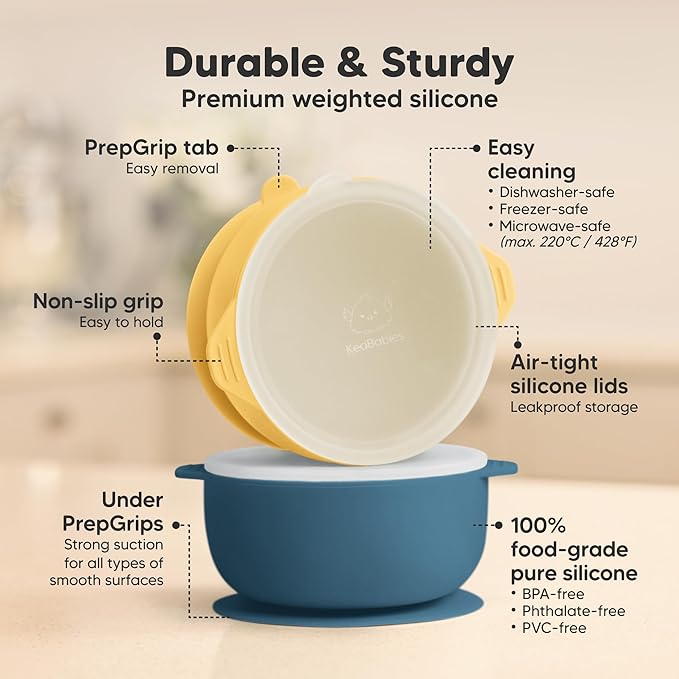 KeaBabies 2-Pack Baby Bowls with Suctions, Lids - Silicone Toddler Suction Bowls for Baby Boy, Girl, Kids, Food Grade Silicone, BPA-Free, Dishwasher Safe, Toddler Eating Essentials (Valiant)