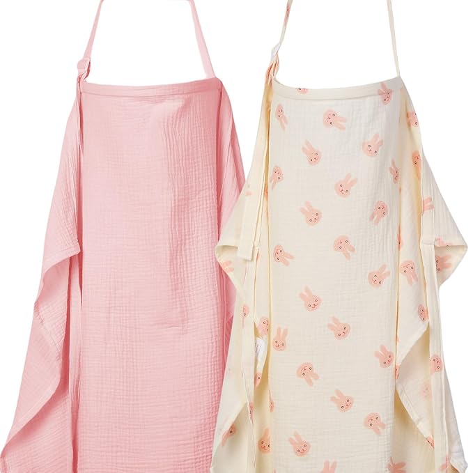 2-Pack Nursing Covers for Breastfeeding - Lightweight, Breathable Baby Breastfeeding Covers with Arch Neckline & Adjustable Straps, Pink & Bunny Design, Privacy Nursing Cover for Women
