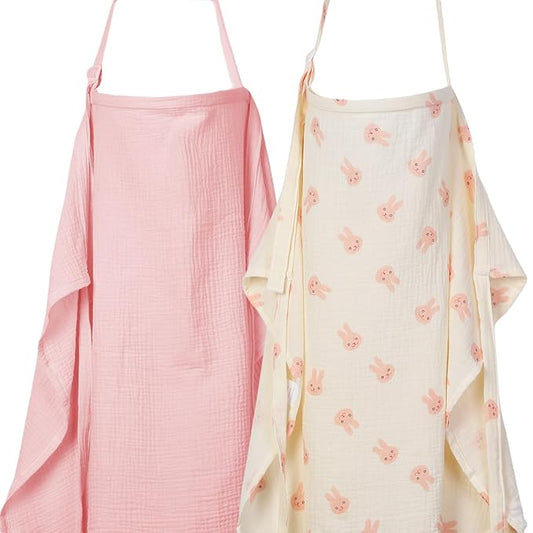 2-Pack Nursing Covers for Breastfeeding - Lightweight, Breathable Baby Breastfeeding Covers with Arch Neckline & Adjustable Straps, Pink & Bunny Design, Privacy Nursing Cover for Women