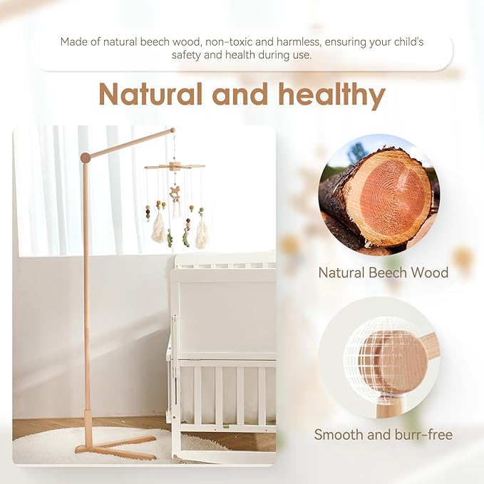 Floor-Standing Wooden Crib Mobile Arm 61 Inch | 360°Adjustable Movable Baby Mobile Hanger | Anti-Dumping Multifunction Mobile Arm for Crib | Adjustable Height Mobile Arm Nursery Decor