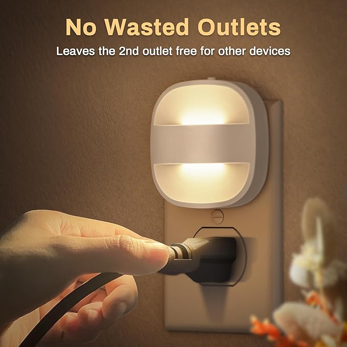 DORESshop Led Night Lights Plug Into Wall, 4 Packs Plug in Night Light Dimmable Mini with Auto Dusk to Dawn Sensor, 3000K Foldable Plug Nightlight Adjustable Brightness for Bedroom,Stairs,Hallway,