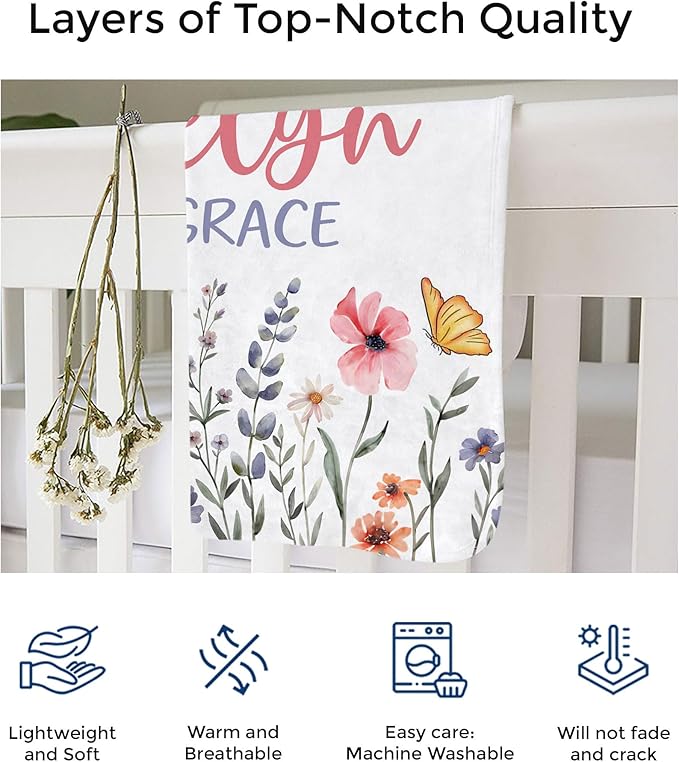 Custom Baby Blankets for Boys, Customized Baby Boy Gifts with Name, Personalized Baby Blankets, Soft Plush Fleece (Flower TM44)