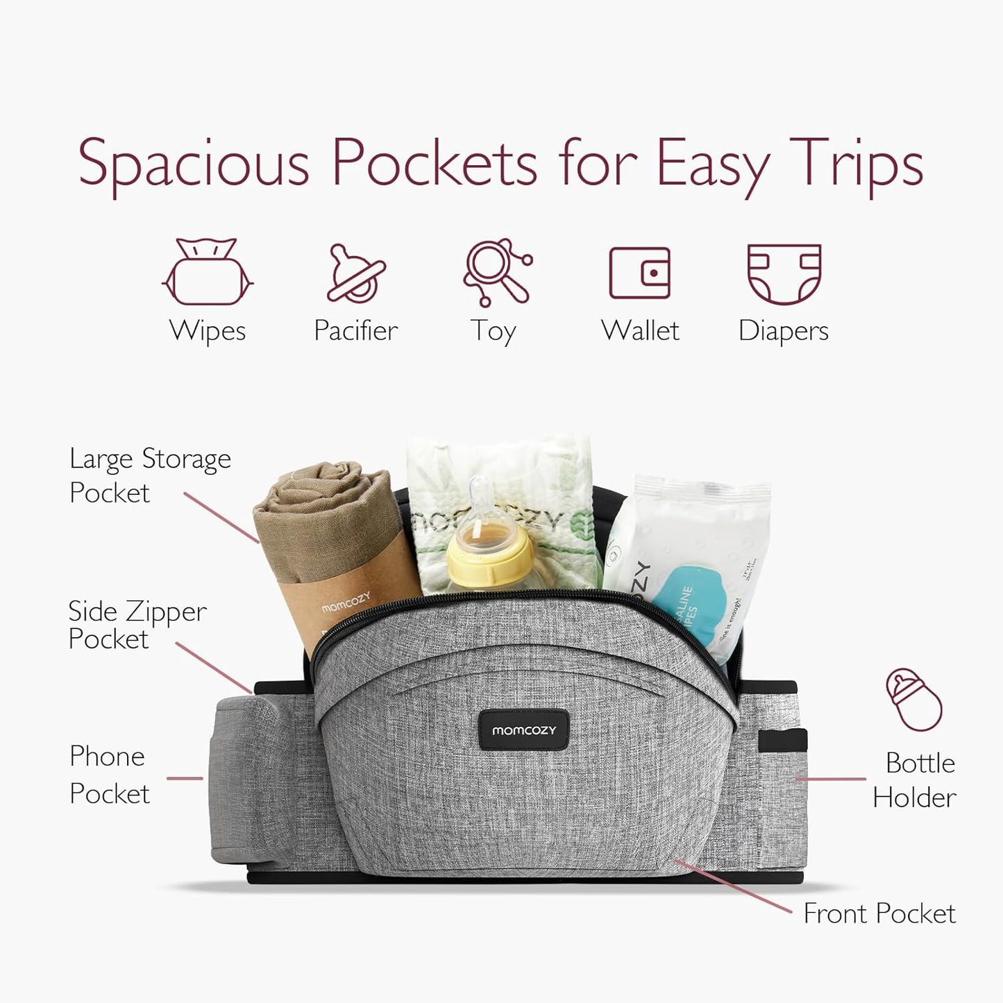 Momcozy Hip Seat Baby Carrier - Adjustable Waistband with Original 3D Belly Protector, Ergonomic Carrier with Various Pockets for Toddlers up to 45lbs (Grey, Medium 27-45IN)