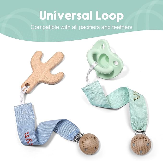 TYRY.HU Personalized Pacifier Clip with Name, Embroidery Webbing Pacifier Holder for Baby Girls and Boys, Neutral Binky Clips Universally Fit All Pacifiers & Baby Toys, Baby Gift, 2 Pack(Blue, Green)