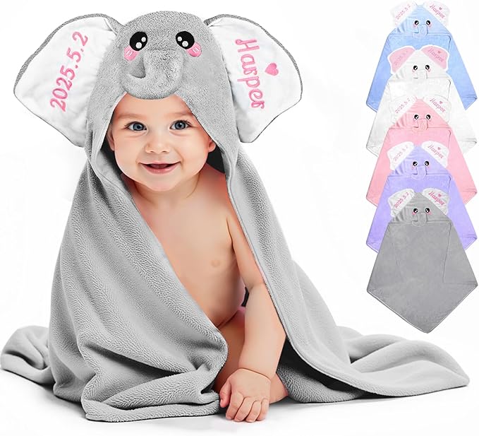 Custom Hooded Bath Towel with Name, Personalized Highly Absorbent Elephant Towels, Baby Bath Towels for Girls Boys, Christmas Brithday for Baby, Toddler, Newborn (Grey)