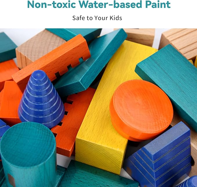 Wooden Castle Building Blocks Set, Big Solid Beech Wood Toddlers Stacking Block Toy, Kids Construction Playset for Boys Girls 69 Pieces Set