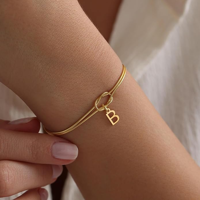Stocking Stuffers for Teen Girls - 18K Gold Plated Love Knot Initial Bracelets for Women Friends Bridesmaid Gifts Dainty Gold Bracelets Birthday Christmas Gifts for Teens Women