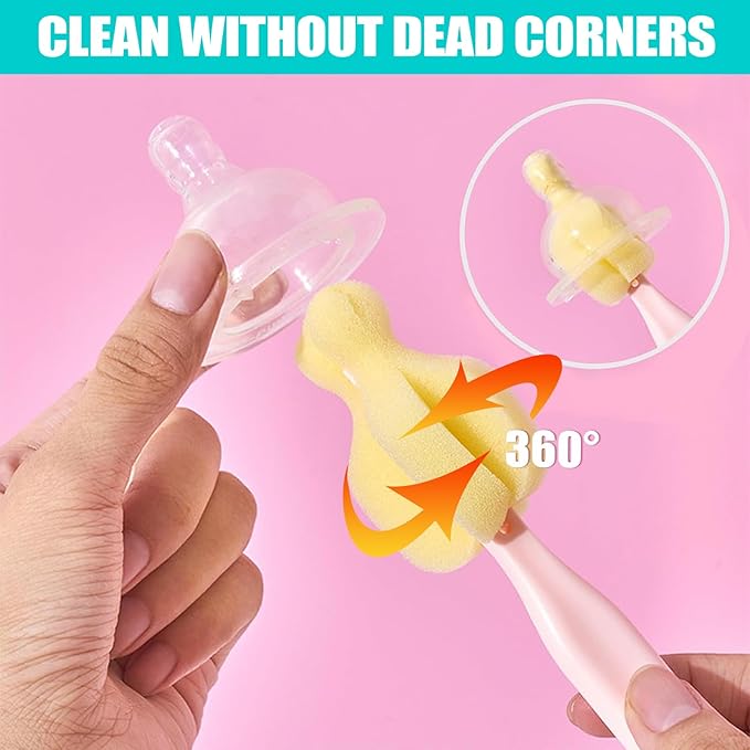 Sponge Bottle Brush 6PCS Sponge Nipple Brushes Baby Bottle Nipple Cleaning Brush Long Handle Baby Milk Bottle Brush (6PCS)