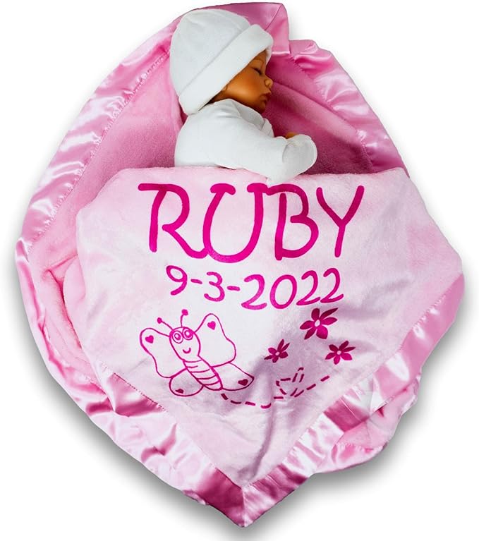 Custom Catch Personalized Girl Pink Baby Blanket Gift with Flower, Ladybug, Bee or Butterfly