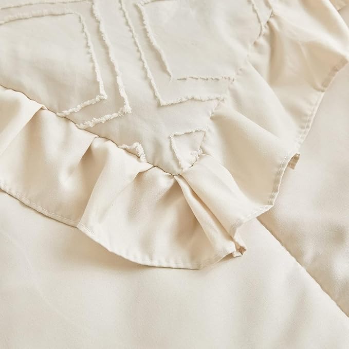 Mini Crib Bedding Set 3 Pieces Baby Boho Quilted Tufted Ruffles Comforter with Fitted Sheet and Ruffled Bed Skirt - Cute Shabby Baby Bedding Fits Mini Crib Only Cream White