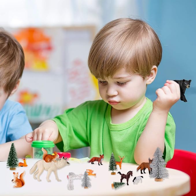 Skylety 18 Piece Wild Forest Animals Figures Toys Set Assorted Creatures Forest Diorama Realistic Plastic Woodland Animals Figurines Model Trees for Birthday Party Favors for Boys and Girls
