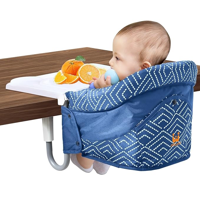 MTWML Hook On High Chair with Tray,Portable Baby High Chair That Attaches to Table,Clip On Fast Table Seat for Babies and Toddlers.Baby Feeding Seat for Dining Tables and Counter(Stripe-Blue)