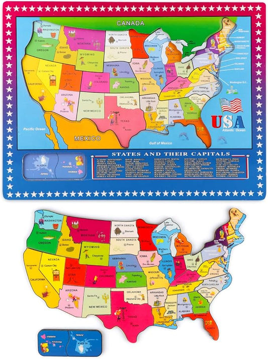 Wondertoys 46 Pieces Wooden USA Map Puzzle for Kids US Map Puzzle Educational Geography Puzzles United States Map Puzzle for Boy Girl