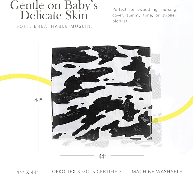 RED ROVR 100% Organic Cotton Muslin Swaddle | Newborn Receiving Blanket | Baby Wrap | Boy, Girl, Unisex | Soft, Lightweight, Breathable | Burping, Nursing, Swaddling | 44" x 44" | Moo Cow