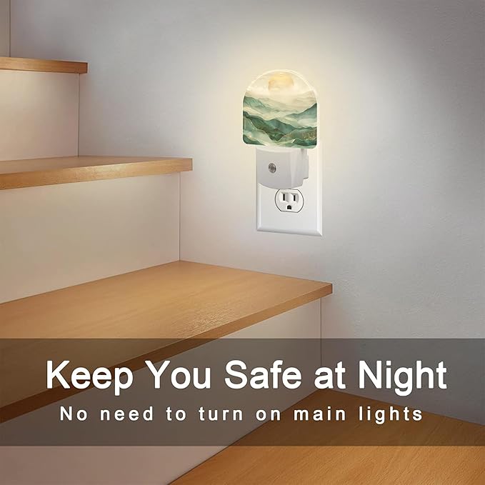 Golden Mountains with Sun Night Light for Kids,Watercolor Sunrise Mountain Night Light Plug in with Dusk to Dawn Sensor,0.5w Energy Saving Nightlight for Hallway Stairway Kitchen Bedroom