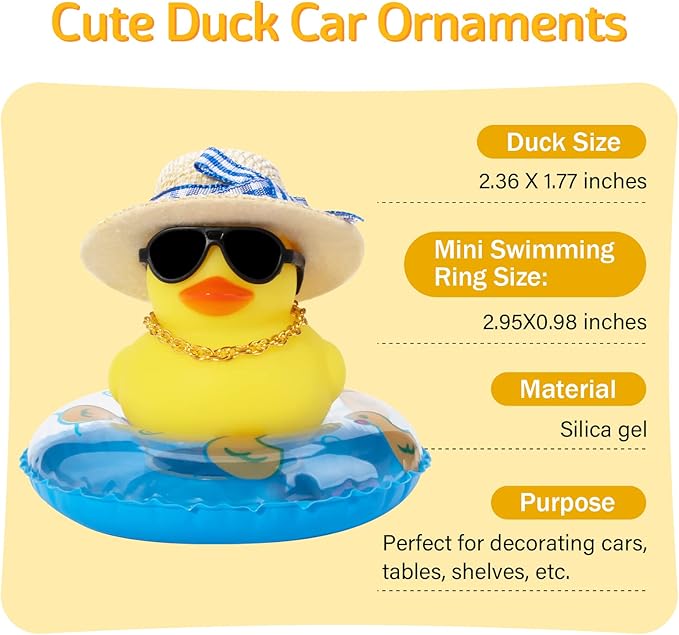 wonuu Car Rubber Duck, Yellow Duck Decoration Dashboard with Sun Hat Swim Ring Necklace Sunglasses for Car Dashboard Decorations