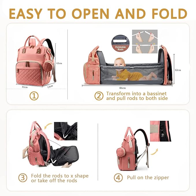 Diaper Bag Backpack with Changing Station Portable 3 in 1 Multifunction Backpack Travel mommy bag Stroller Pink