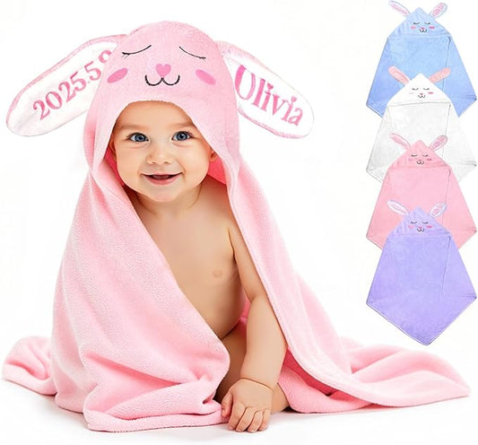 Custom Hooded Bath Towel with Name, Personalized Highly Absorbent Bunny Towels, Baby Bath Towels for Girls Boys, Brithday for Baby, Toddler, Newborn (Pink-Bunny)