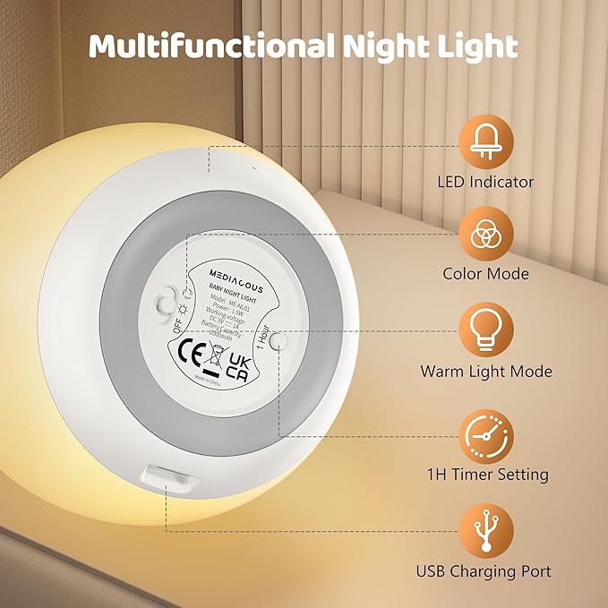 MediAcous Night Light for Kids, Baby Egg Light for Nursery, 7 Colors Changing & Stepless Dimming, Soft Silicone Touch Night Lamp with 1 Hour Timer, Rechargeable Nursery Night for Breastfeeding