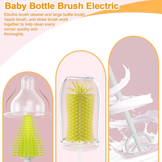 Portable Electric Baby Bottle Brush Set with Electric Bottle Brush,Nipple/Straw Brush,Milk Frother and Drying Base,Waterproof IPX7,Rechargeable Travel Bottle Cleaning Kit,Yellow