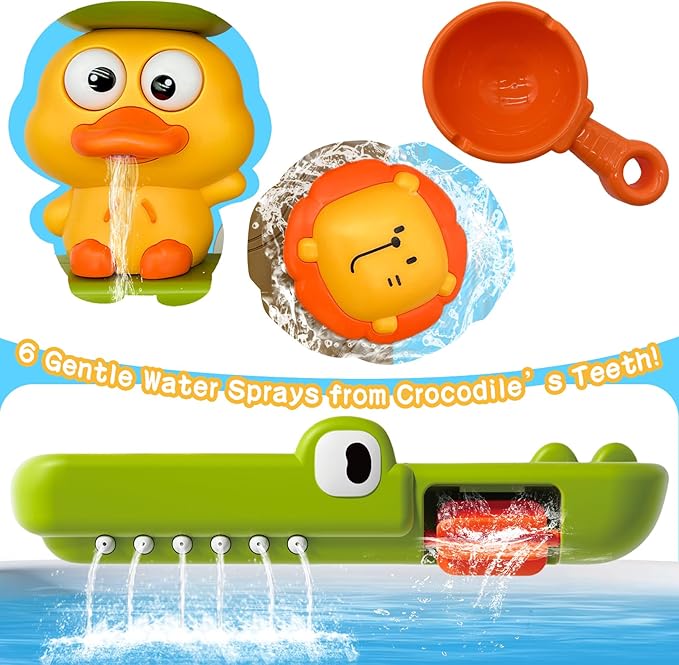 Baby Bath Toys with Scoop Suction Cup, Interactive Duck Lion Bathtub Toy for Toddlers 1-3, Infant Fun Shower Gift for Bath Time 1 2 3 4 Year Boy Girl