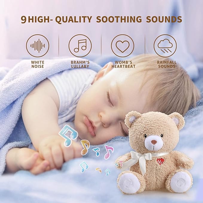 BEREST Baby Cry Activated Sleeping Aid Soother, White Noise Machine Infant Stuffed Animal Baby Gifts Bear Toy with Nursery Decor Night Light, Womb Heartbeat, 9 Soothing Sounds for Toddler Crib