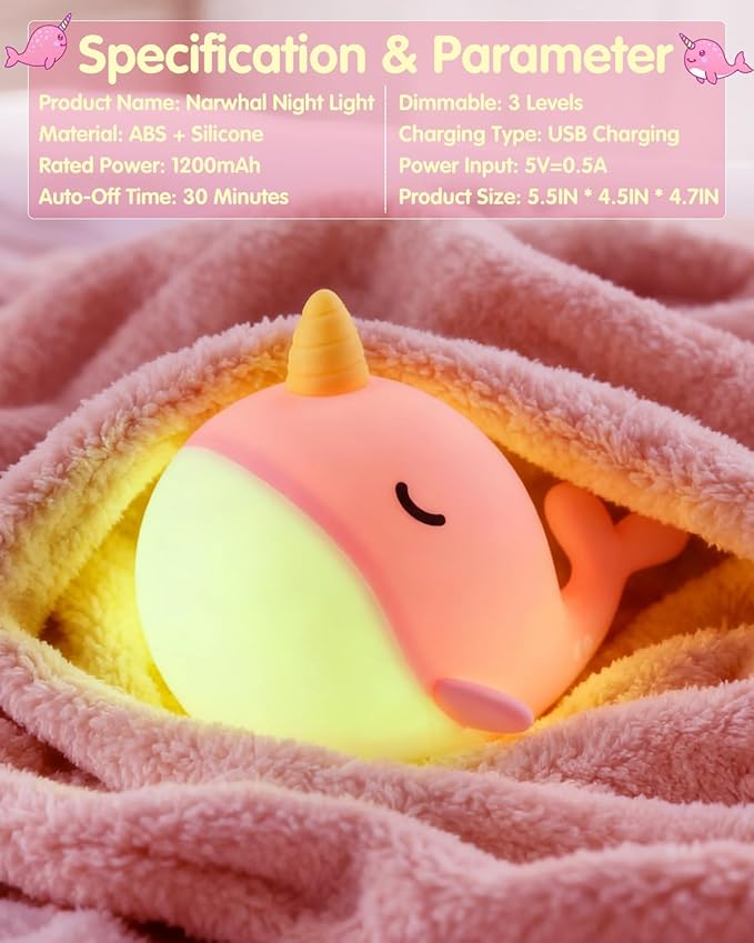 Fuloon Narwhal Night Light with Whale Shape, Squishy Silicone Kids Lamp, Safe & Soothing Touch Control for Kids and Babies, USB-C Rechargeable, 30-Min Auto Timer, Gift Idea (Pink)
