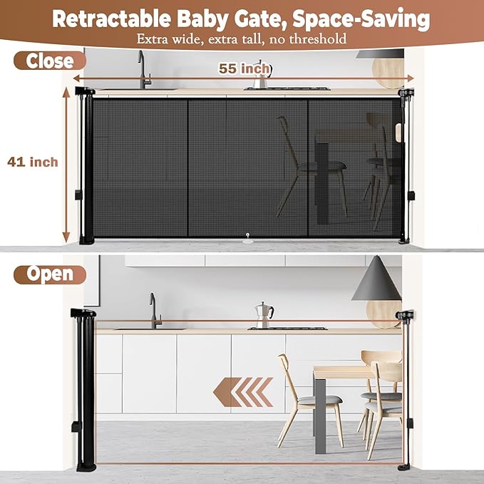 55" Retractable Baby Gate Extra Wide, 41" Tall Retractable Dog Gate for Stairs, Doorways, Decks, Mesh Gate Long Child Gate Pet Gate for Indoor, Outdoor, with Reinforced Mesh Rods, Dual Locks