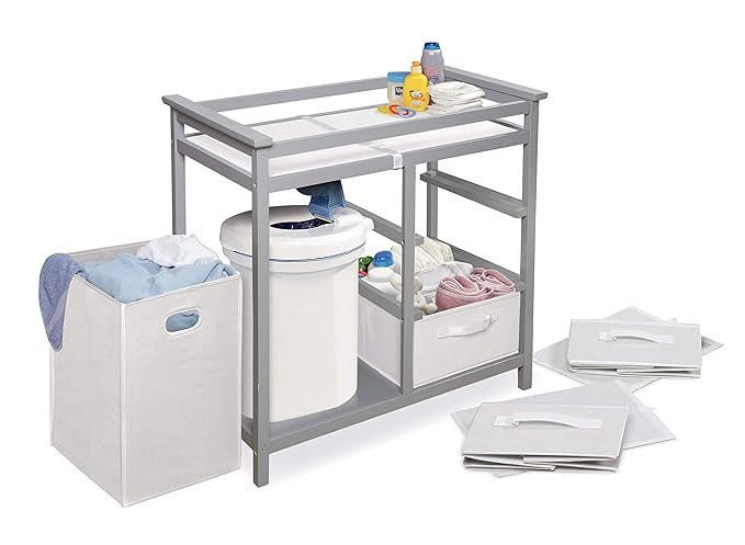 Badger Basket Modern Baby Changing Table - Nursery Furniture with Laundry Hamper and 3 Storage Drawers - Diaper Changing Station with Safety Belt, Changing Pad, and Organizer Baskets - Gray and White