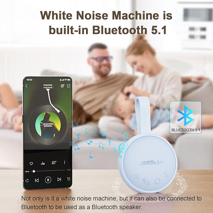 White Noise Sound Machine, Portable Sound Machine for Sleeping Adults & Baby, with Bluetooth 5.1/24 Soothing Sounds/Battery Powered/3 Timer Memory Function for Office/Bedroom/Travel（Blue）