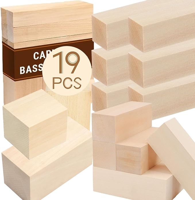 19PCS Basswood Carving Blocks, 3 Sizes Whittling Wood Blocks, Unfinished Craft Wood for Wood Carving, Kids and Adults