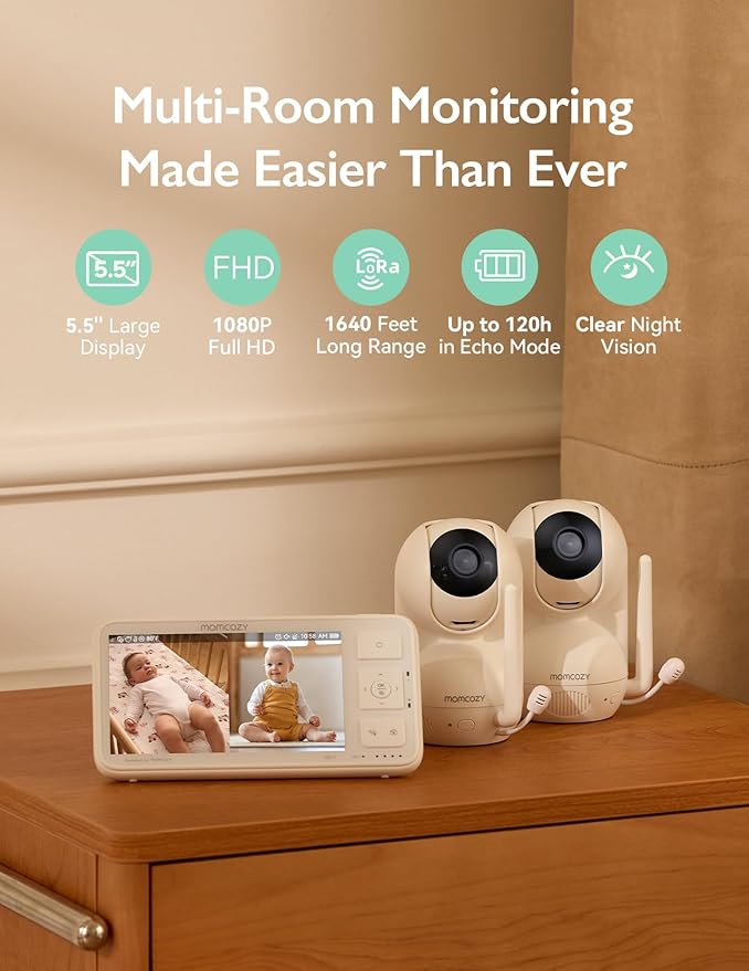 Momcozy Baby Monitor with 2 Cameras 5.5" 1080P Full HD Split Screen Video Baby Monitor with Camera and Audio, No WiFi 5000mAh Battery, ECO, VOX, Clear Night Vision 1640ft Range (SD Card not Included)