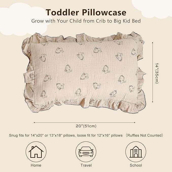 BuLuTu 2-Layer Cotton Muslin Toddler Pillowcase Rabbit Pattern, Soft Breathable Travel Pillow Case Fit for Boys Girls Toddler Pillow 13"x18"or 14"x19", Nursery Decor Kids Pillow Cover 14"x20"