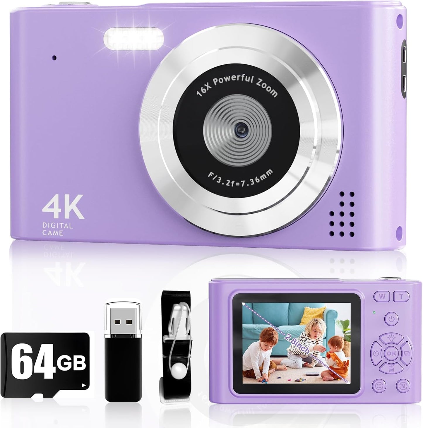 Digital Camera, 44MP Full HD 1080P Point and Shoot Camera with 64GB Card, Anti Shake 16X Zoom Compact Volg Cameras, Portable Small Digicam Gift for Kids, Ages Teen Girl Boy - Purple