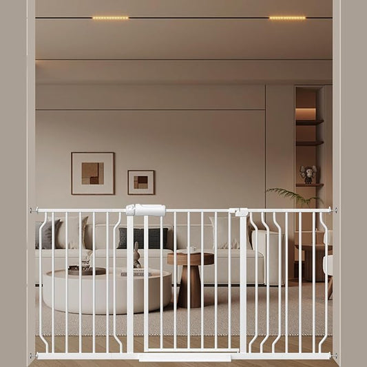 WAOWAO Baby Gate 52.76-62.2" Extra Wide Pressure Mounted Walk Through Swing Auto Close Safety White Metal Toddler Kids Child Dog Pet Puppy for Stairs,Doorways,Kitchen