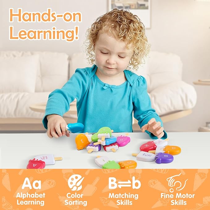 USATDD ABC Alphabet Learning Toys Alphabet Popsicles Animal Matching Toy Uppercase Lowercase Preschool Learning Activities Montessori Toys for Kids Ages 3+, 52 Pcs